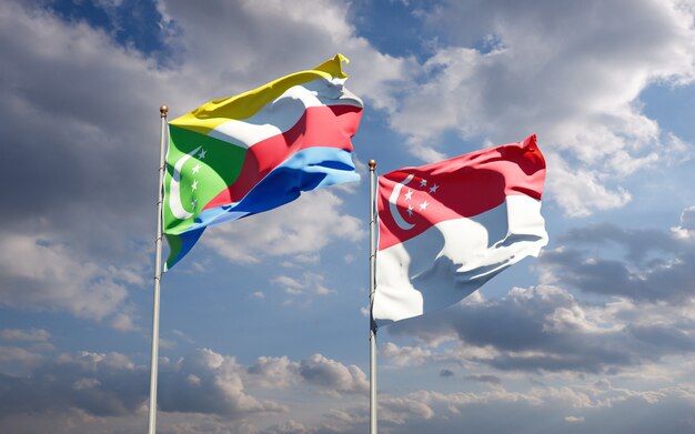 Beautiful national state flags of Singapore and Comoros