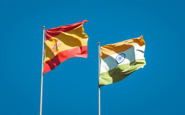 Beautiful national state flags of Spain and India together