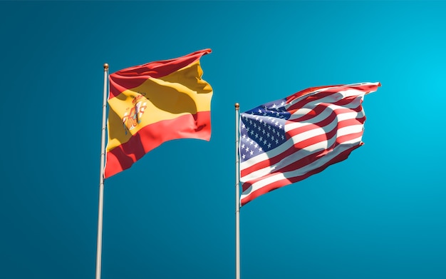 Beautiful national state flags of Spain and USA together