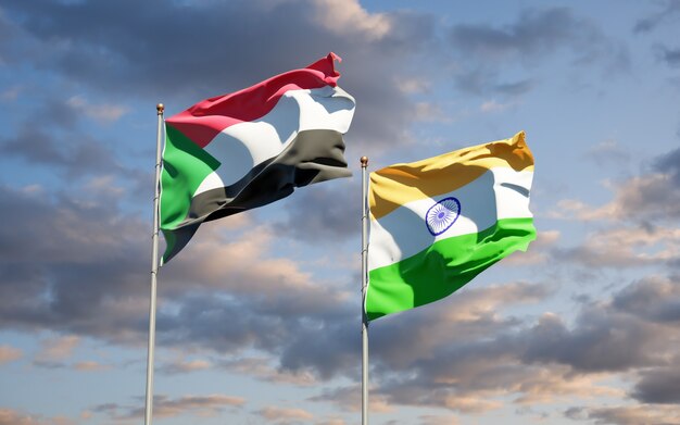 Красивые национальные государственные флаги Судана и Индии вместе