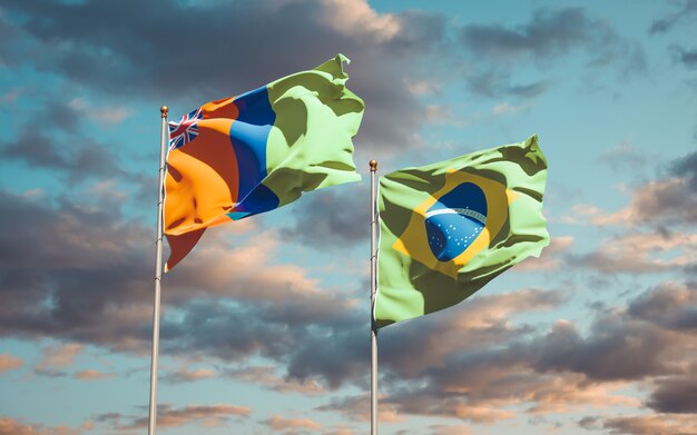 Beautiful national state flags of Sultanate of M'Simbati and Brasil together on blue sky