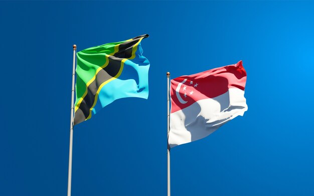 Beautiful national state flags of Tanzania and Singapore together