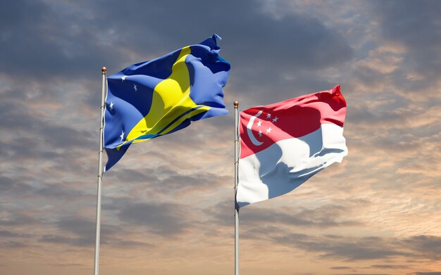 Beautiful national state flags of Tokelau and Singapore together