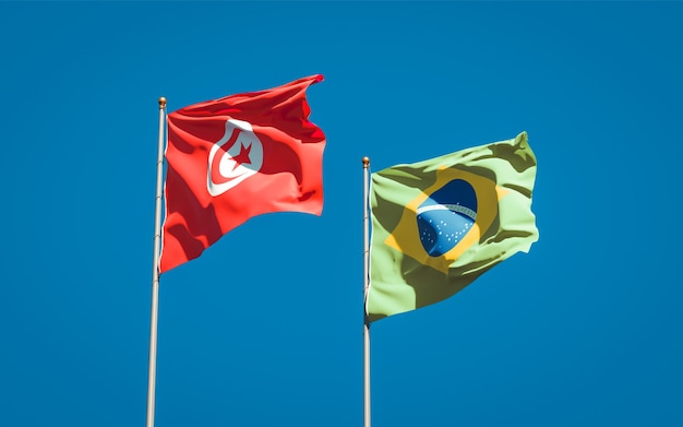 Beautiful national state flags of Tunisia and Brasil together on blue sky