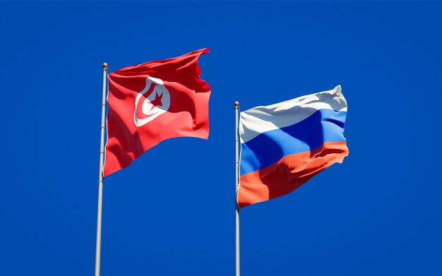 Beautiful national state flags of Tunisia and Russia together on blue sky. 3D artwork