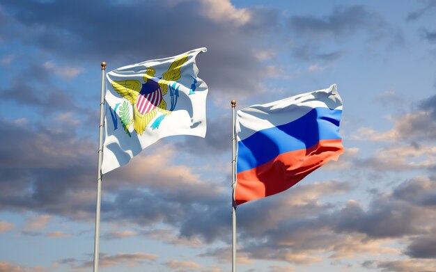 Beautiful national state flags of United States Virgin Islands and Russia together on blue sky. 3D artwork