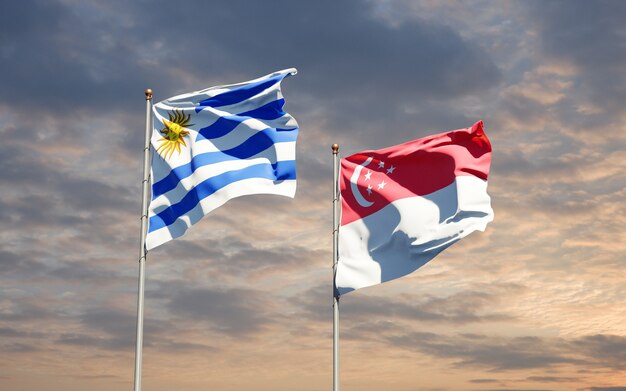 Beautiful national state flags of Uruguay and Singapore together