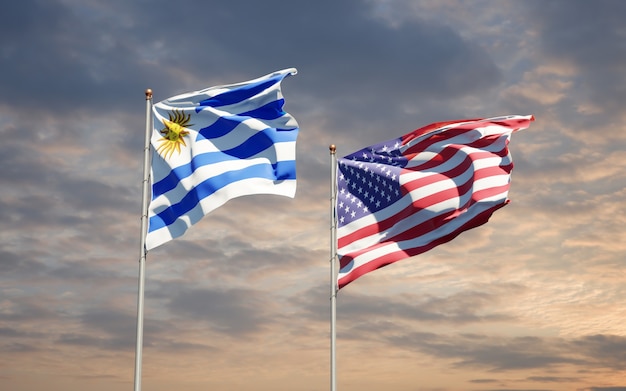 Beautiful national state flags of Uruguay and USA together