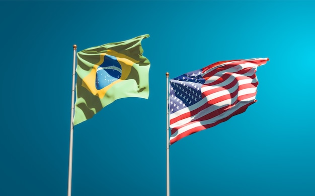 Beautiful national state flags of USA and Brasil together