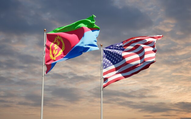 Beautiful national state flags of USA and Eritrea together