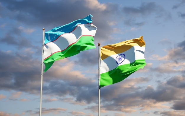 Beautiful national state flags of Uzbekistan and India together