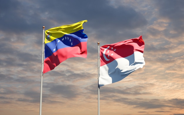 Beautiful national state flags of Venezuela and Singapore together