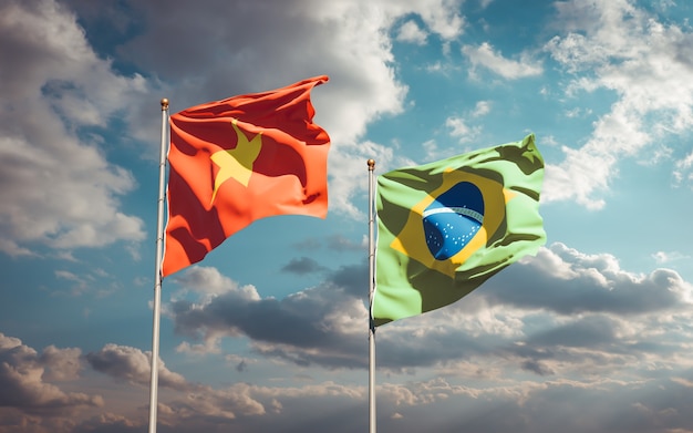 Beautiful national state flags of Vietnam and Brasil together on blue sky