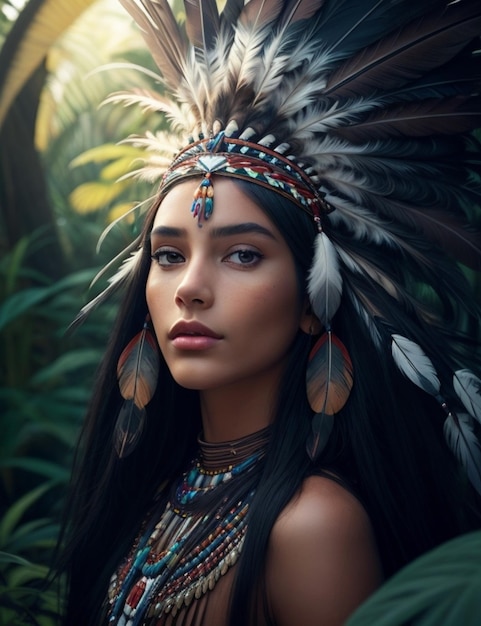 Beautiful Native American woman with feathers on her head