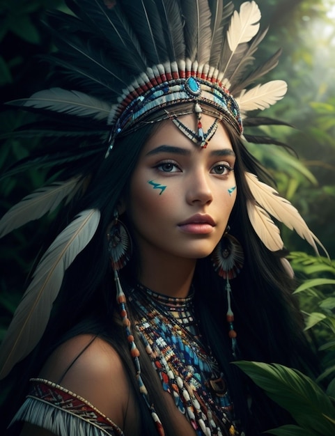 Beautiful Native American woman with feathers on her head