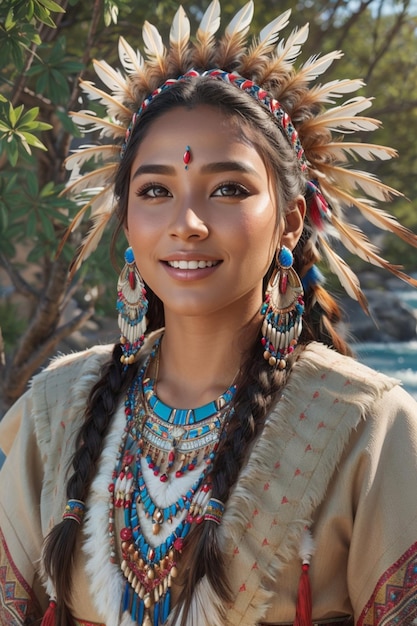 Beautiful Native American young woman in traditional costume