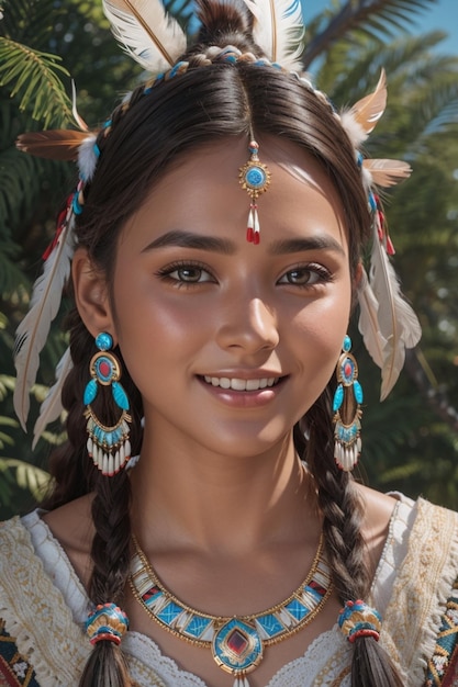 Photo beautiful native american young woman in traditional costume