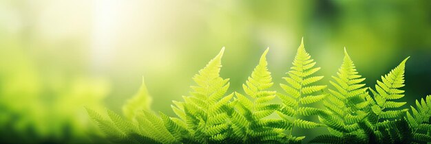 Beautiful natural background border with fresh juicy light green foliage of fern in sunlight in spring summer and defocused bokeh outdoors in nature