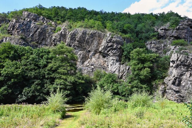 Foto bellissimo sfondo naturale con rocce e boschi nella valle