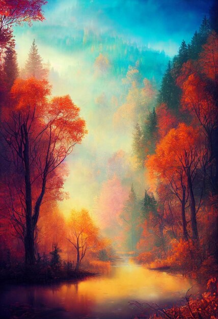 Beautiful natural landscape in autumn 3d illustration