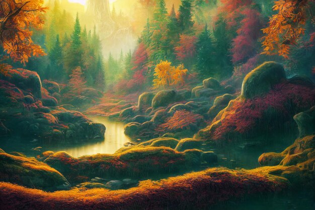 Beautiful natural landscape in autumn 3d illustration