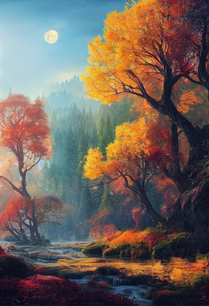 Beautiful natural landscape in autumn 3d illustration