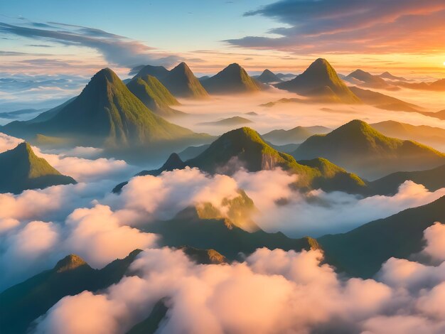 Foto bellissimo paesaggio naturale la nebbia che galleggia sopra le montagne è generata