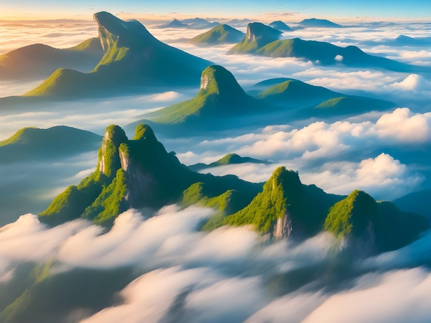 Foto bellissimo paesaggio naturale la nebbia che galleggia sopra le montagne è generata