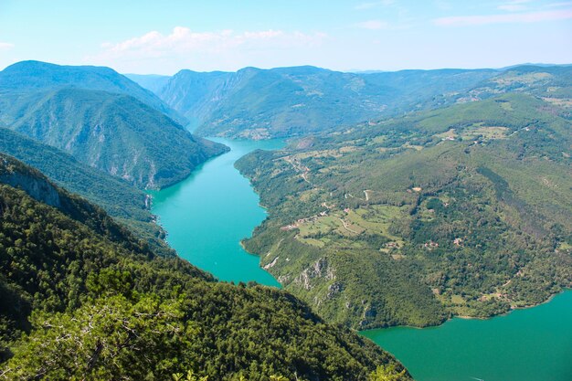 Beautiful natural landscape at summer time. Mountain Tara, Serbia, Europe. Drina river.