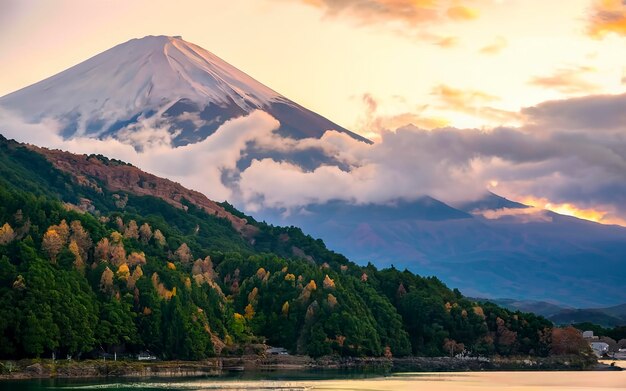 Beautiful natural landscape view of Mount Fuji at Kawaguchiko during sunset in autumn season at Japa