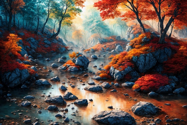 Photo beautiful natural landscape with river painting generative ai illustrations