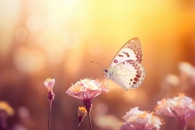 Beautiful natural pastel background Butterfly and flowers AI