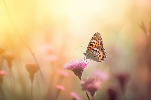 Beautiful natural pastel background butterfly and flowers