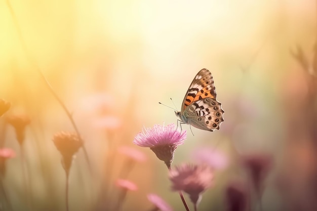 Beautiful natural pastel background Butterfly and flowers