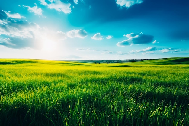 Beautiful natural picturesque panorama of a green field with mowed grass and blue sky with clouds on