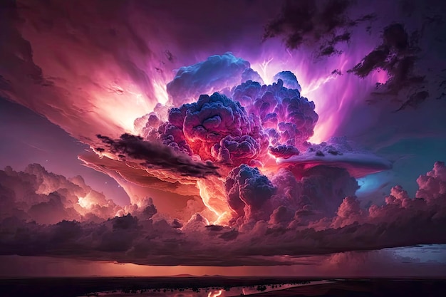 Beautiful natural pink and purple cloud during dramatic thunderstorm generative ai