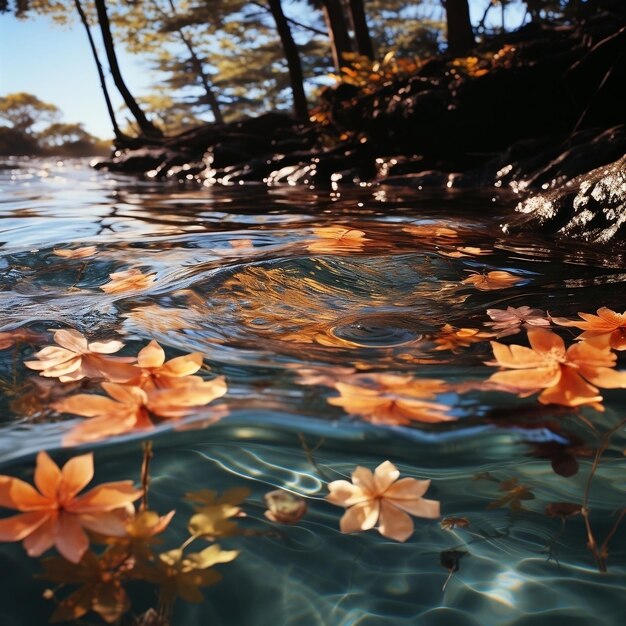 beautiful natural scene of autumn leaves floating in the surface of the water