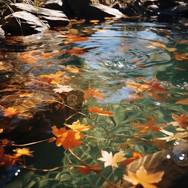 Фото Красивая естественная сцена осенних листьев, плавающих на поверхности воды.
