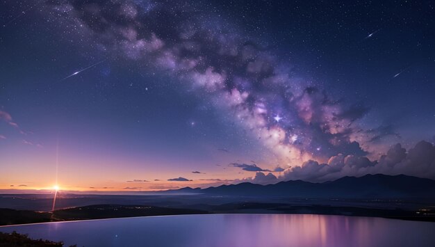 写真 美しい自然の風景と神秘的な紫の天の川