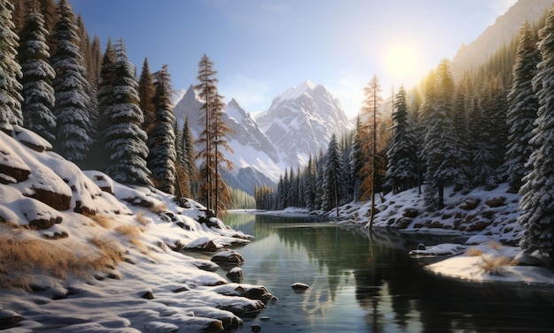 beautiful natural scenery Lake snow mountain forest in a sunny winter day