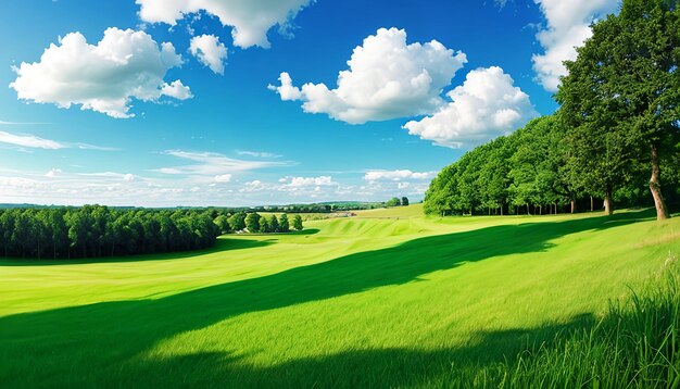 Photo beautiful natural scenic panorama green field of cut grass into and blue sky with clouds on horizon