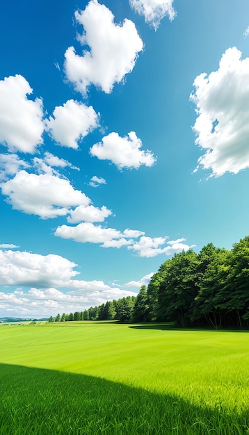 写真 美しい自然の景色のパノラマ 緑の畑に切られた芝生と青い空と地平線の雲