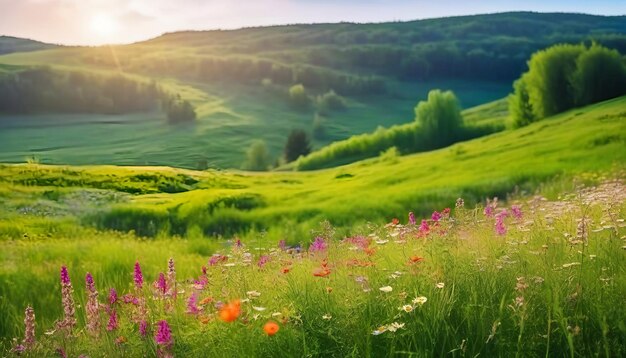 Foto bellissimo paesaggio naturale primaverile estivo di un prato fiorito in una zona collinare in una luminosa giornata di sole