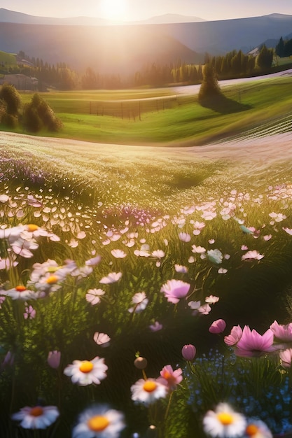 Beautiful natural spring summer landscape of a flowering meadow in a hilly area on a bright sunny