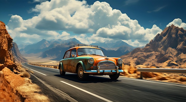 Beautiful natural view of a car and mountains behind it