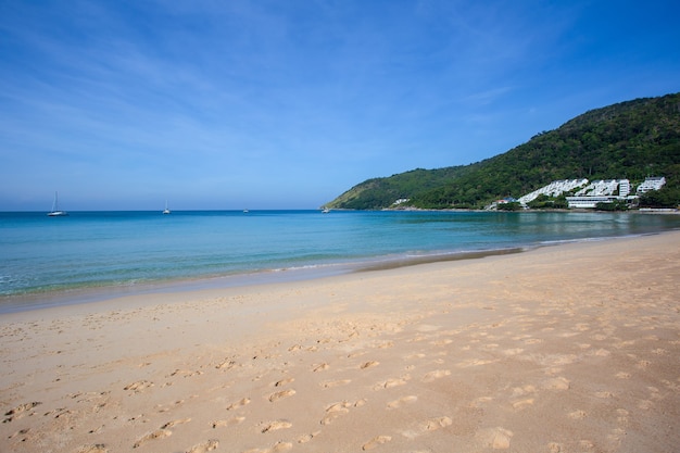 Beautiful nature of the Andaman Sea and white sand beach in the morning at Patong Beach, Phuket Island, Thailand