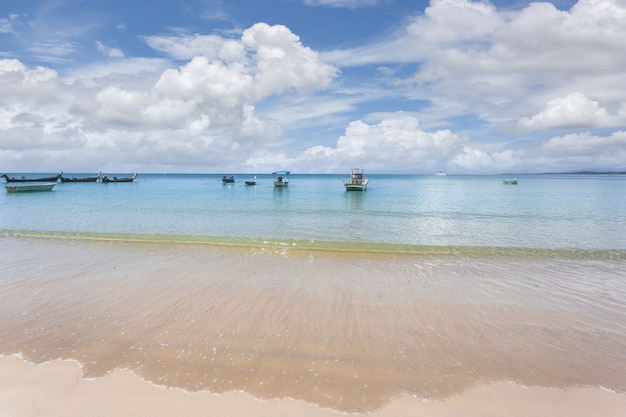 Beautiful nature of the Andaman Sea and white sand beach in the morning at Patong Beach, Phuket Island, Thailand.