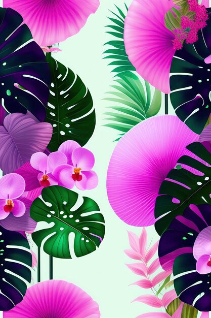 Beautiful nature backdrop of tropical flower pink purple orchids and tropic foliage plants monstera