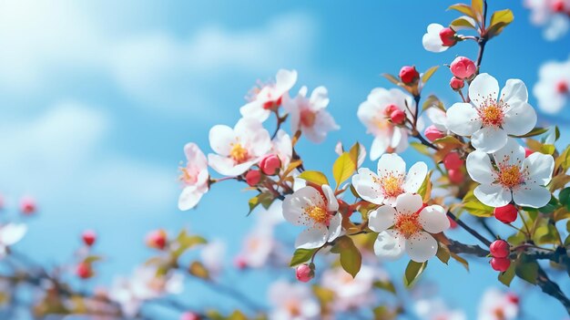 beautiful nature background with spring border blooming rose bush on a blue background