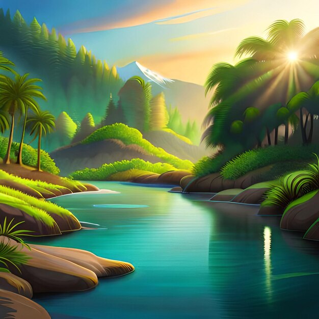 Beautiful nature backgrounds forests and palm trees with the lake